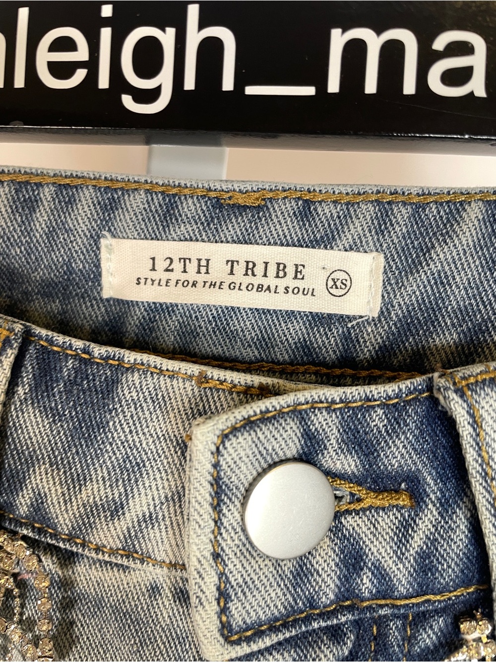 12th Tribe | Love Thing Rhinestone Fringe Denim Cutoff Shorts Size XS - Picture 8 of 9